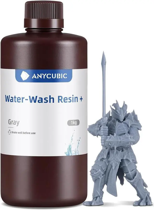 Main image of ANYCUBIC Water Washable Resin, 3D Printer Resin with Low Viscosity and Fast Printing, 405nm High Precision UV-Curing 3D Resin, Photopolymer Resin for 8K Capable LCD DLP 3D Printing (Grey, 1kg)