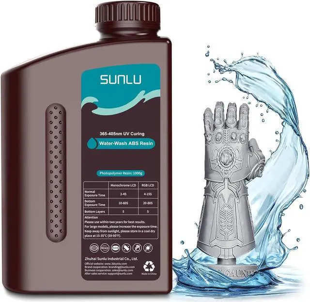 Main image of SUNLU 1000g Water-Wash ABS Resin, Combines features of ABSLIKE Resin & Water Washable Resin, Non Brittle, High Precision, Low Shrinkage, Fast Curing 3D Resin for LCD DLP SLA 3D Printers, 1KG Grey