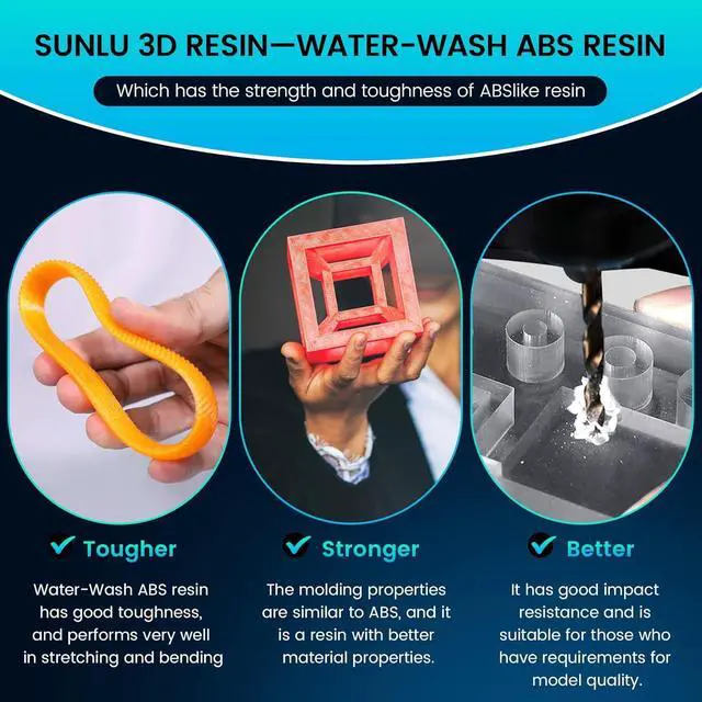 Alt view image 5 of 7 - SUNLU 1000g Water-Wash ABS Resin, Combines features of ABSLIKE Resin & Water Washable Resin, Non Brittle, High Precision, Low Shrinkage, Fast Curing 3D Resin for LCD DLP SLA 3D Printers, 1KG Grey