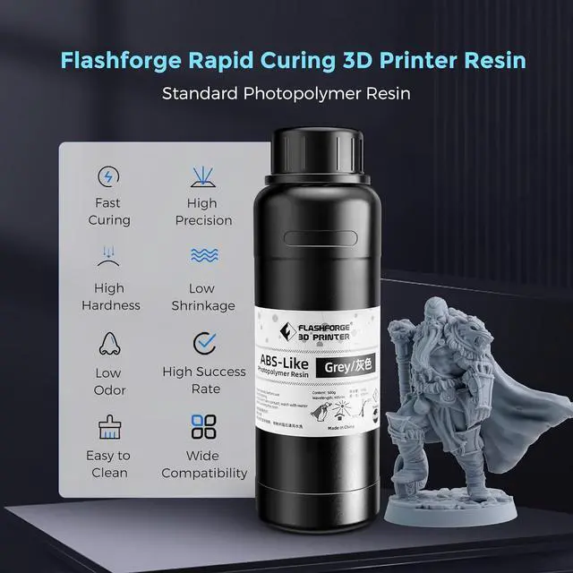 Alt view image 2 of 7 - Flashforge Upgraded ABS-Like Resin High Strength and Toughness 3D Printer Resin 405nm Fast UV Curing Photopolymer Resin 3D Printing Liquid, High Precision ABS Resin for LCD 3D Printing (Grey, 500g)