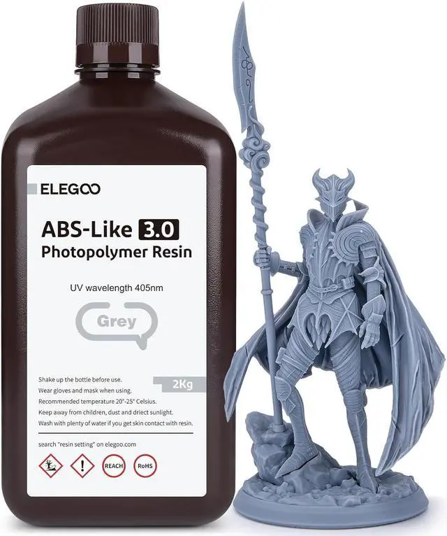 Main image of ELEGOO Upgraded ABS-Like 3D Printer Resin 3.0, 405nm UV-Curing LCD Resin High Precision Fast Curing Non-Brittle Photopolymer Resin for LCD Printing Grey 2KG