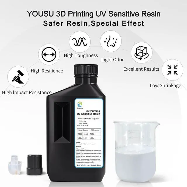 Alt view image 2 of 6 - Flexible Tough (Shore 80A) 3D Printer Resin, Soft Rubber/TPU Like 3D Printing Resin, High Elongation 405nm Fast UV-Curing Photopolymer Resin for LCD Printer, White 1000g