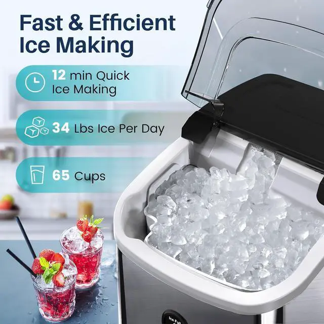 Alt view image 2 of 7 - Nugget Ice Maker Countertop, Pebble Ice Maker Machine with Soft Chewable Ice, 34lbs/24H, Self-Cleaning, One-Click Operation, Stainless Steel, Crushed Ice Maker for Home Kitchen Office