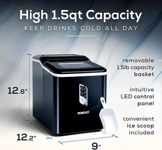 Alt view image 2 of 5 - Igloo Automatic Ice Maker, Self- Cleaning, Countertop Size, 26 Pounds in 24 Hours,9 Large or Small Cubes in 7 Minutes,LED Control Panel, Scoop Included, for Water Bottles,Mixed Drinks,Black
