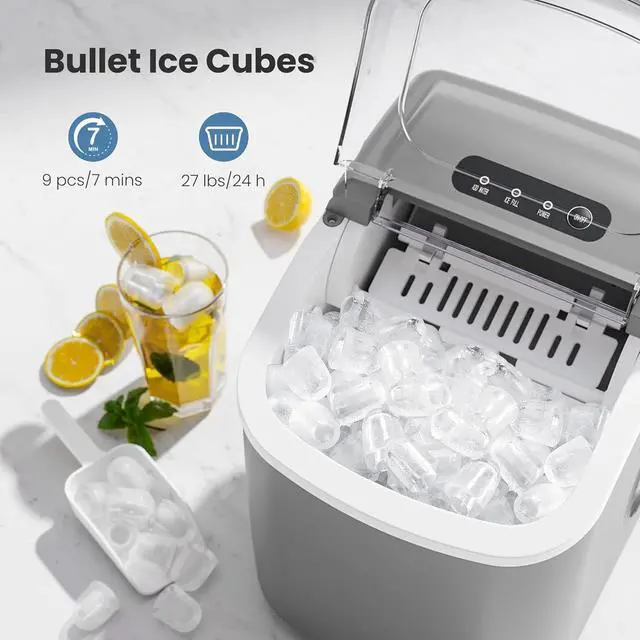 Alt view image 2 of 7 - Portable Countertop Ice Maker Machine with Handle, 9 Bullet-Shaped Ice Cubes Ready in 6 Mins, 26Lbs/24H, Self-Cleaning Function with Ice Scoop and Basket for Home/Kitchen/Party (Grey)