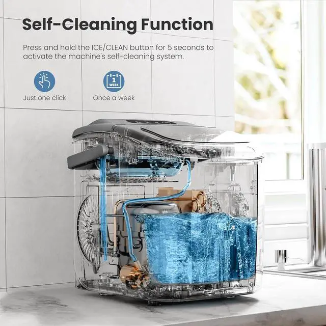 Alt view image 3 of 7 - Portable Countertop Ice Maker Machine with Handle, 9 Bullet-Shaped Ice Cubes Ready in 6 Mins, 26Lbs/24H, Self-Cleaning Function with Ice Scoop and Basket for Home/Kitchen/Party (Grey)