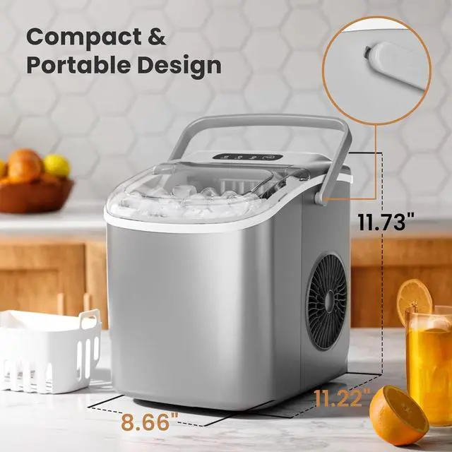 Alt view image 6 of 7 - Portable Countertop Ice Maker Machine with Handle, 9 Bullet-Shaped Ice Cubes Ready in 6 Mins, 26Lbs/24H, Self-Cleaning Function with Ice Scoop and Basket for Home/Kitchen/Party (Grey)