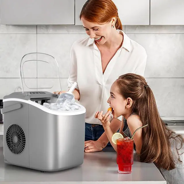 Alt view image 7 of 7 - Portable Countertop Ice Maker Machine with Handle, 9 Bullet-Shaped Ice Cubes Ready in 6 Mins, 26Lbs/24H, Self-Cleaning Function with Ice Scoop and Basket for Home/Kitchen/Party (Grey)