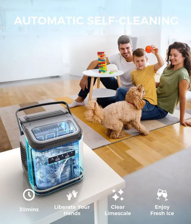 Alt view image 4 of 7 - Countertop Ice Maker, Portable Ice Maker with Self-Cleaning, 9 Bullet Ice Cubes in 6 Mins, 26lbs/24Hrs, Ice Maker Machine with Ice Bags, Handle, Standing Scoop and Basket, Black