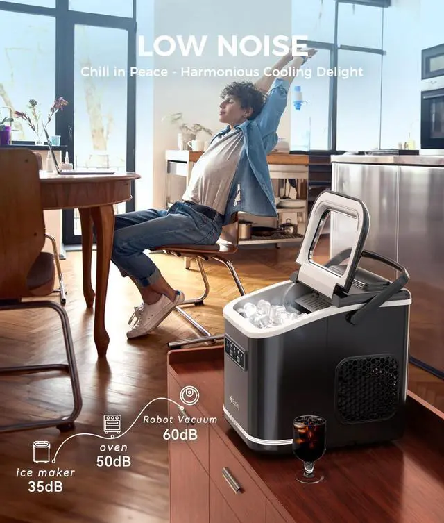 Alt view image 5 of 7 - Countertop Ice Maker, Portable Ice Maker with Self-Cleaning, 9 Bullet Ice Cubes in 6 Mins, 26lbs/24Hrs, Ice Maker Machine with Ice Bags, Handle, Standing Scoop and Basket, Black