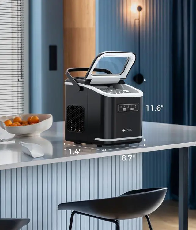 Alt view image 7 of 7 - Countertop Ice Maker, Portable Ice Maker with Self-Cleaning, 9 Bullet Ice Cubes in 6 Mins, 26lbs/24Hrs, Ice Maker Machine with Ice Bags, Handle, Standing Scoop and Basket, Black