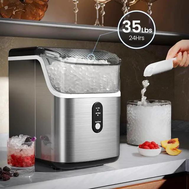 Alt view image 3 of 7 - Nugget Ice Makers Countertop, 35lbs/Day Pebble Ice Maker Machine with Sonic Ice, Self-Cleaning Countertop ice Maker with Ice Scoop and Ice Basket for Home & Kitchen(Stainless Steels Silver)