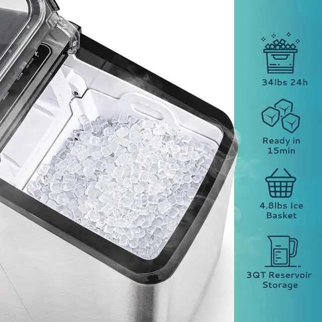 Alt view image 2 of 7 - Nugget Ice Maker Countertop, Max 34lbs/Day, 2 Way Water Refill, Self-Cleaning Pebble Ice Maker Machine with 3Qt Reservoir, Ideal for Home, Office, Bar, and Party. (Silver)