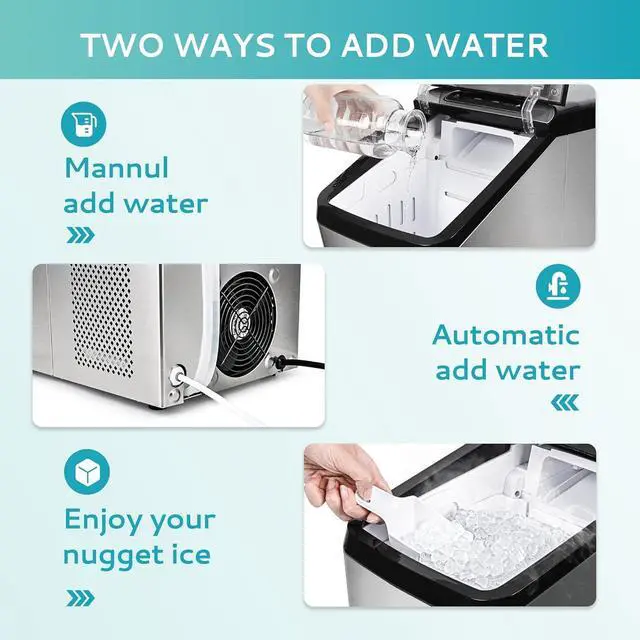 Alt view image 4 of 7 - Nugget Ice Maker Countertop, Max 34lbs/Day, 2 Way Water Refill, Self-Cleaning Pebble Ice Maker Machine with 3Qt Reservoir, Ideal for Home, Office, Bar, and Party. (Silver)