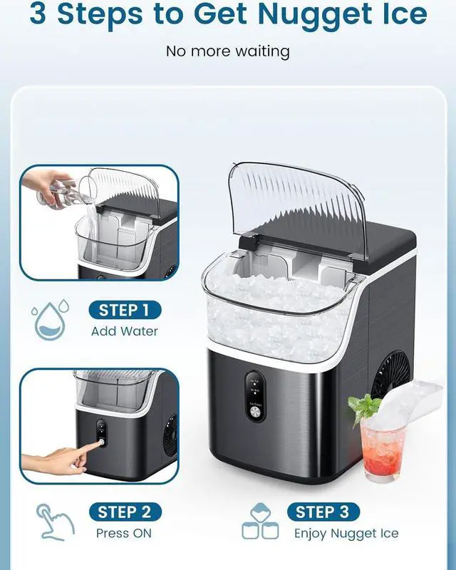 Alt view image 5 of 7 - Nugget Ice Makers Countertop, 34LBS/Day, Self-Cleaning Pebble Ice Maker Machine, Soft Chewable Pellet Ice, Stainless Steel Black Countertop Ice Maker for Home Kitchen Party