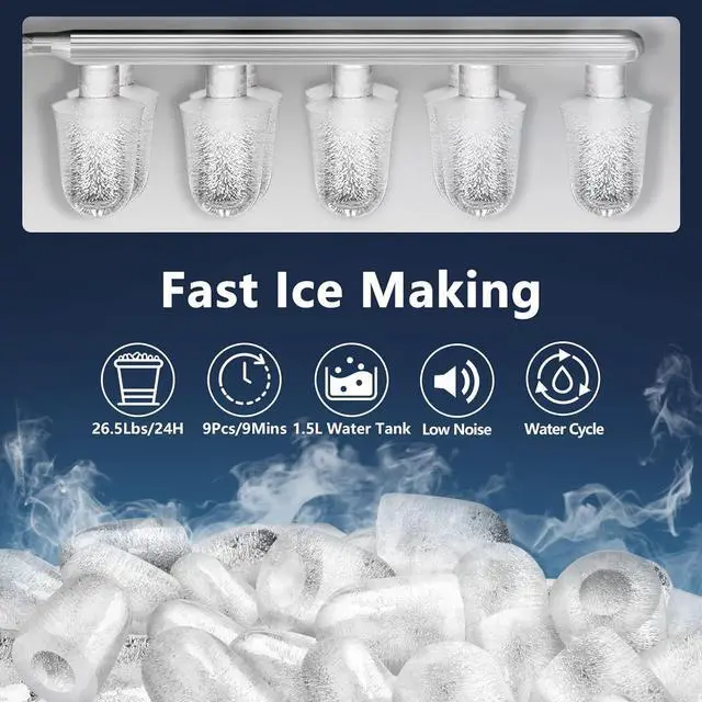 Alt view image 2 of 7 - Countertop Ice Maker, 9 Thick Bullet-Shaped Ice Ready in 6-9 Mins, 26.5 Lbs in 24Hrs, Portable Ice Maker Machine with Ice Scoop and Basket for Home/Kitchen/Party, White