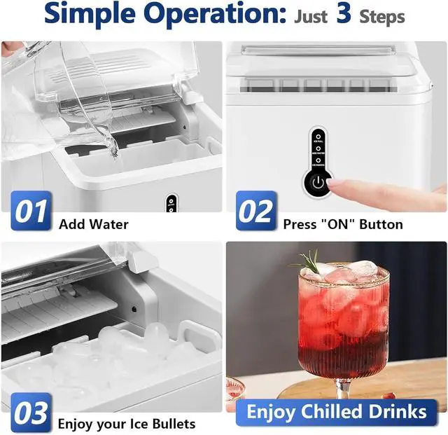 Alt view image 4 of 7 - Countertop Ice Maker, 9 Thick Bullet-Shaped Ice Ready in 6-9 Mins, 26.5 Lbs in 24Hrs, Portable Ice Maker Machine with Ice Scoop and Basket for Home/Kitchen/Party, White