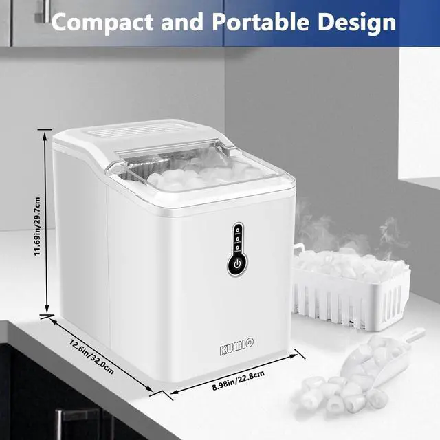 Alt view image 5 of 7 - Countertop Ice Maker, 9 Thick Bullet-Shaped Ice Ready in 6-9 Mins, 26.5 Lbs in 24Hrs, Portable Ice Maker Machine with Ice Scoop and Basket for Home/Kitchen/Party, White