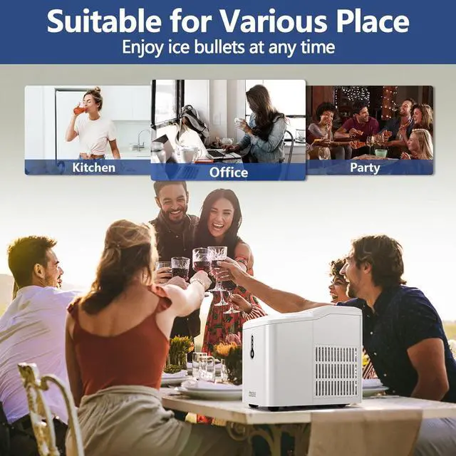 Alt view image 7 of 7 - Countertop Ice Maker, 9 Thick Bullet-Shaped Ice Ready in 6-9 Mins, 26.5 Lbs in 24Hrs, Portable Ice Maker Machine with Ice Scoop and Basket for Home/Kitchen/Party, White