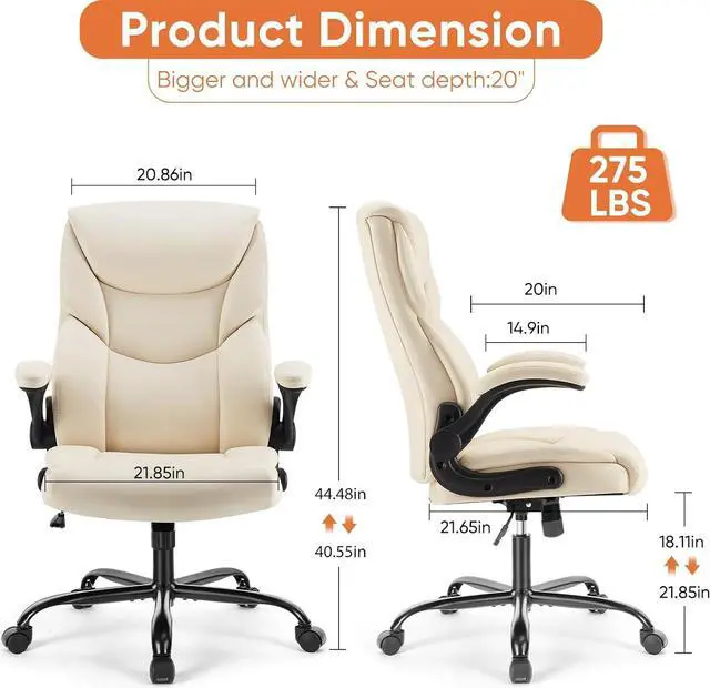 Alt view image 3 of 7 - Computer Gaming Chair, Ergonomic Office Chair High Back Heavy Duty Task Desk Chair with Flip-up Arms, PU Leather, Adjustable Swivel Rolling Chair with Wheels, Cream