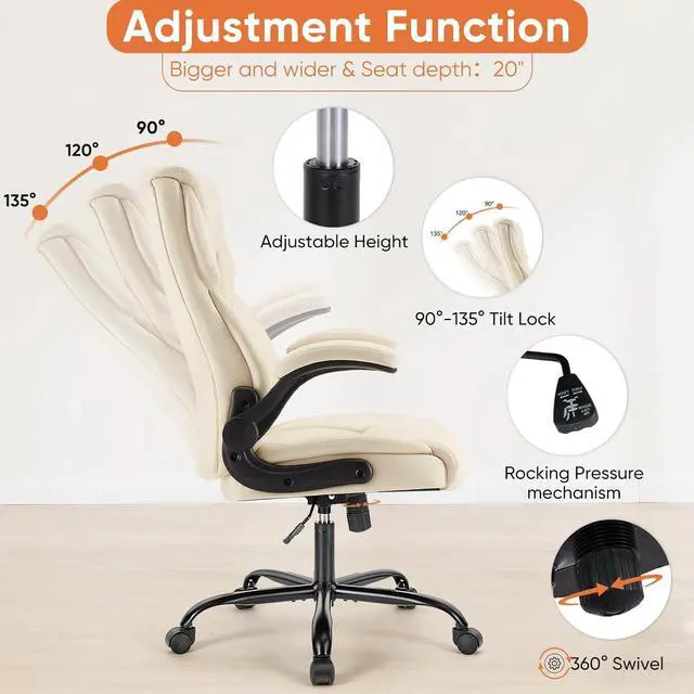 Alt view image 4 of 7 - Computer Gaming Chair, Ergonomic Office Chair High Back Heavy Duty Task Desk Chair with Flip-up Arms, PU Leather, Adjustable Swivel Rolling Chair with Wheels, Cream
