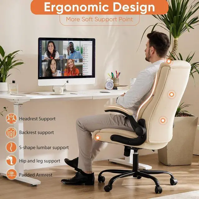 Alt view image 5 of 7 - Computer Gaming Chair, Ergonomic Office Chair High Back Heavy Duty Task Desk Chair with Flip-up Arms, PU Leather, Adjustable Swivel Rolling Chair with Wheels, Cream