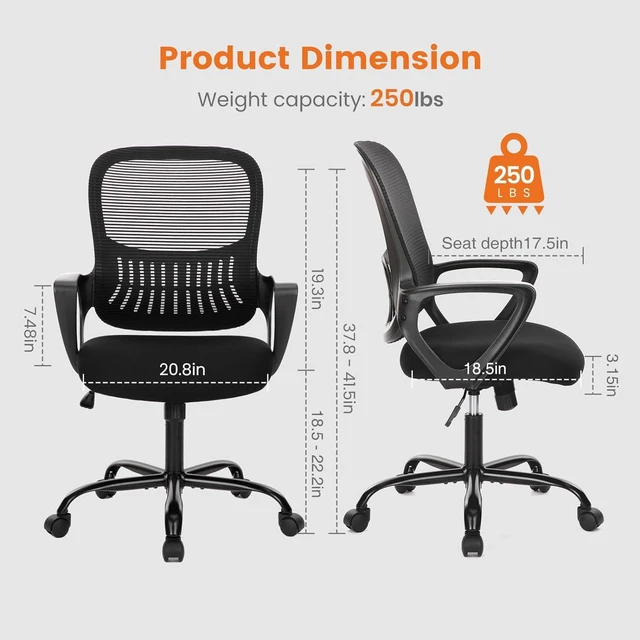 Alt view image 2 of 7 - Home Office Desk Chair, Ergonomic Mid-Back Mesh Rolling Work Swivel Chairs with Wheels, Comfortable Lumbar Support, Comfy Arms for Bedroom,Study,Student
