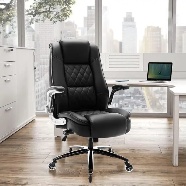 Alt view image 2 of 7 - High Back Office Chair- Flip Arms Adjustable Built-in Lumbar Support, Executive Computer Desk Chair Work Chairs, Thick Padded Strong Metal Base Quiet Wheels, Ergonomic Design for Back Pain