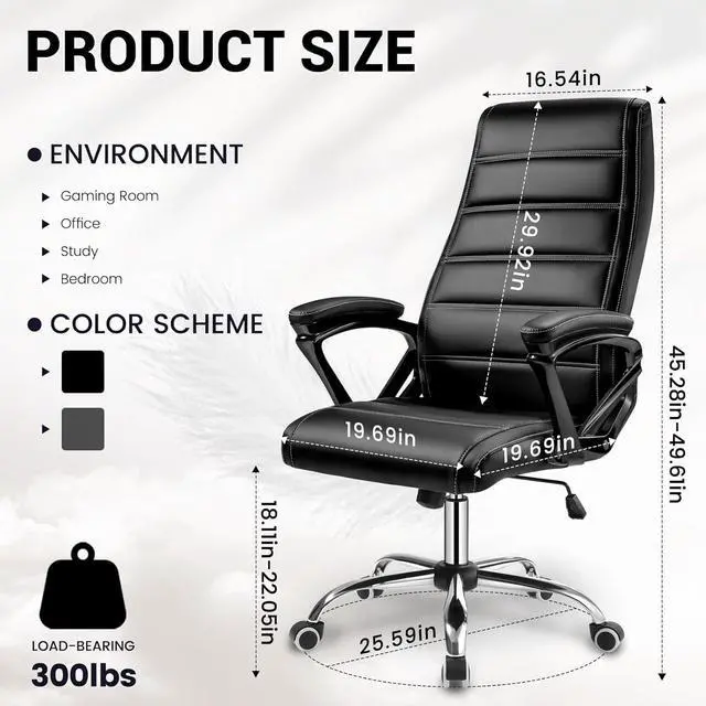 Alt view image 3 of 7 - Office Chair, Ergonomic Computer Chair, High Back Executive Chair with Rocking Function, Highest End Class 4 Hydraulic Pneumatic Piston & Padded Armrests, PU Leather, Black