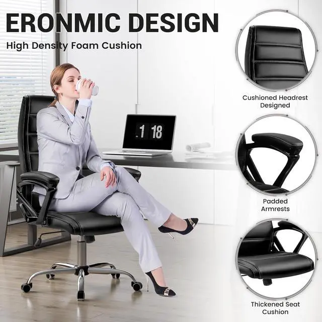 Alt view image 5 of 7 - Office Chair, Ergonomic Computer Chair, High Back Executive Chair with Rocking Function, Highest End Class 4 Hydraulic Pneumatic Piston & Padded Armrests, PU Leather, Black
