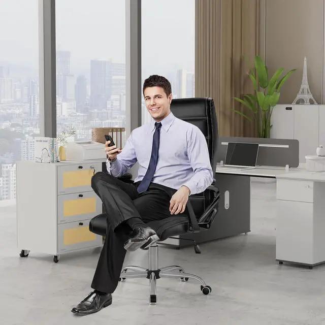 Alt view image 2 of 7 - Office Chair, Ergonomic Computer Chair, High Back Executive Chair with Rocking Function, Highest End Class 4 Hydraulic Pneumatic Piston & Padded Armrests, PU Leather, Black