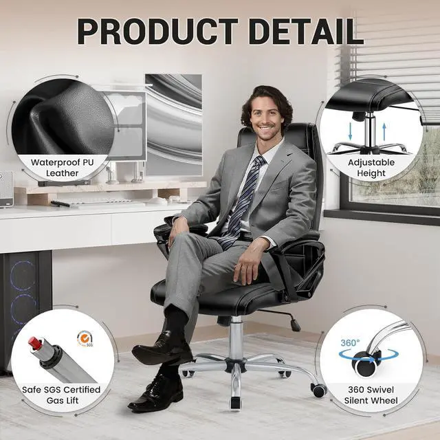 Alt view image 6 of 7 - Office Chair, Ergonomic Computer Chair, High Back Executive Chair with Rocking Function, Highest End Class 4 Hydraulic Pneumatic Piston & Padded Armrests, PU Leather, Black