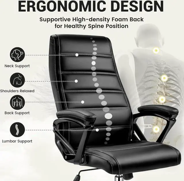 Alt view image 4 of 7 - Office Chair, Ergonomic Computer Chair, High Back Executive Chair with Rocking Function, Highest End Class 4 Hydraulic Pneumatic Piston & Padded Armrests, PU Leather, Black