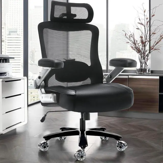 Alt view image 2 of 7 - 500lbs Big and Tall Office Chair- Heavy Duty Executive Computer Chair with 3D Flip Arms Large Wheels, Ergonomic Mesh High Back Desk Chair, Extra Wide Seat Adjustable Lumbar Support&Headrest