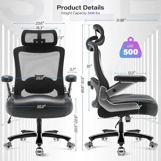Alt view image 3 of 7 - 500lbs Big and Tall Office Chair- Heavy Duty Executive Computer Chair with 3D Flip Arms Large Wheels, Ergonomic Mesh High Back Desk Chair, Extra Wide Seat Adjustable Lumbar Support&Headrest