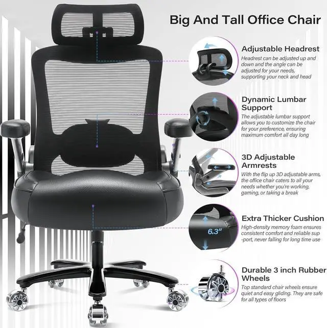 Alt view image 4 of 7 - 500lbs Big and Tall Office Chair- Heavy Duty Executive Computer Chair with 3D Flip Arms Large Wheels, Ergonomic Mesh High Back Desk Chair, Extra Wide Seat Adjustable Lumbar Support&Headrest