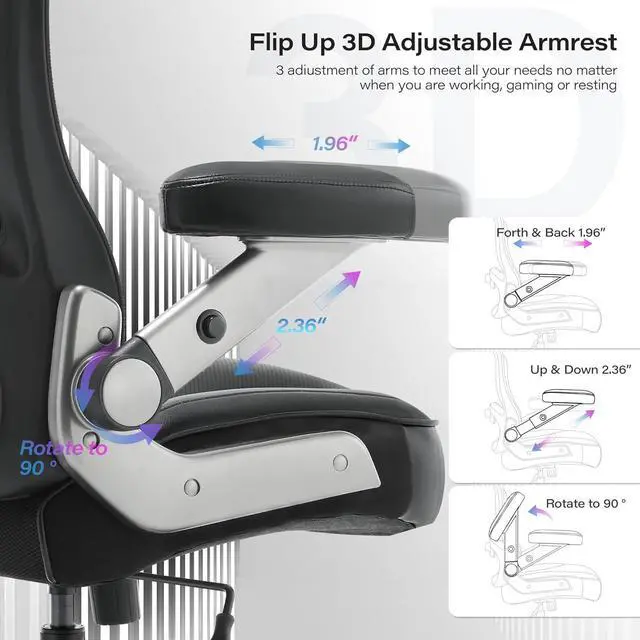 Alt view image 5 of 7 - 500lbs Big and Tall Office Chair- Heavy Duty Executive Computer Chair with 3D Flip Arms Large Wheels, Ergonomic Mesh High Back Desk Chair, Extra Wide Seat Adjustable Lumbar Support&Headrest