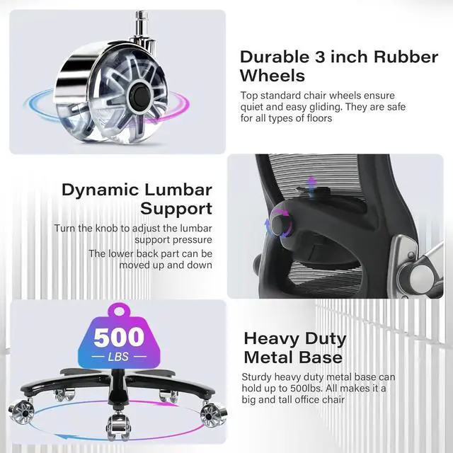 Alt view image 6 of 7 - 500lbs Big and Tall Office Chair- Heavy Duty Executive Computer Chair with 3D Flip Arms Large Wheels, Ergonomic Mesh High Back Desk Chair, Extra Wide Seat Adjustable Lumbar Support&Headrest