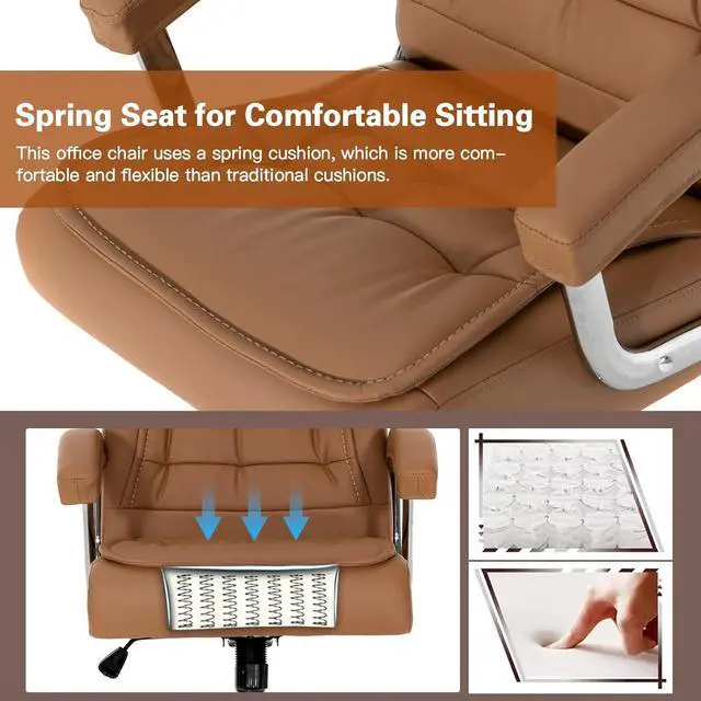 Alt view image 4 of 7 - Executive Office Chair Adjustable Leather Chair High Back Swivel Office Desk Chair with Padded Armrest 350lbs Load-Bearing Spring Seat Computer Desk Chair for Home Office (Khaki)