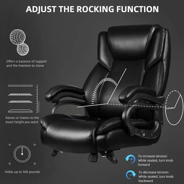 Alt view image 5 of 7 - 500lbs Heavy Duty Office Chair for Low Back Pain Relief, Bid and Tall Office Chair with Ergonomic Lumbar Support, High Back Executive Chair with Quiet Rubber Wheel