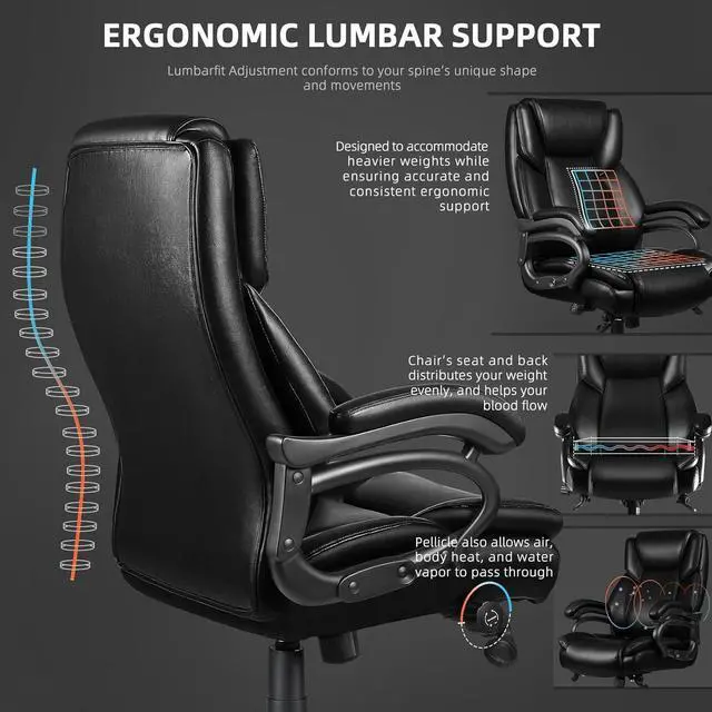 Alt view image 6 of 7 - 500lbs Heavy Duty Office Chair for Low Back Pain Relief, Bid and Tall Office Chair with Ergonomic Lumbar Support, High Back Executive Chair with Quiet Rubber Wheel
