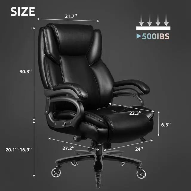 Alt view image 3 of 7 - 500lbs Heavy Duty Office Chair for Low Back Pain Relief, Bid and Tall Office Chair with Ergonomic Lumbar Support, High Back Executive Chair with Quiet Rubber Wheel
