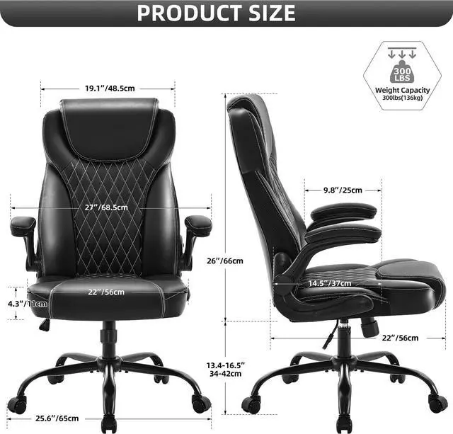 Alt view image 2 of 7 - Office Chair, Executive Leather Chair Home Office Desk Chairs, Ergonomic Computer Desk Chair with Adjustable Flip-Up Arms, Lumbar Support Swivel Task Chair with Rocking Function (Black)