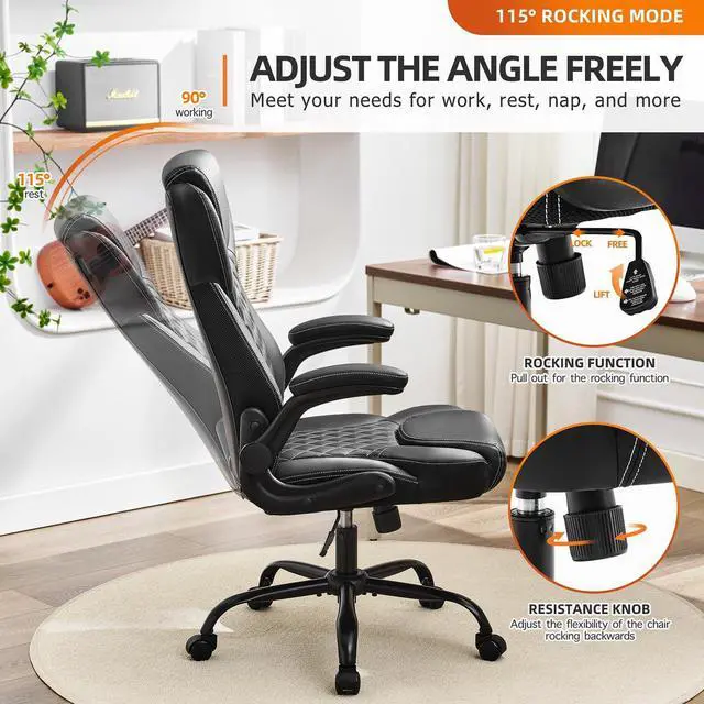 Alt view image 4 of 7 - Office Chair, Executive Leather Chair Home Office Desk Chairs, Ergonomic Computer Desk Chair with Adjustable Flip-Up Arms, Lumbar Support Swivel Task Chair with Rocking Function (Black)