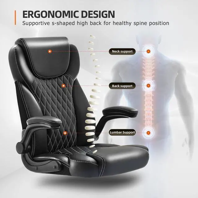 Alt view image 5 of 7 - Office Chair, Executive Leather Chair Home Office Desk Chairs, Ergonomic Computer Desk Chair with Adjustable Flip-Up Arms, Lumbar Support Swivel Task Chair with Rocking Function (Black)