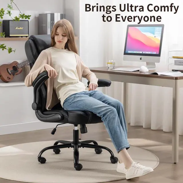 Alt view image 3 of 7 - Office Chair, Executive Leather Chair Home Office Desk Chairs, Ergonomic Computer Desk Chair with Adjustable Flip-Up Arms, Lumbar Support Swivel Task Chair with Rocking Function (Black)