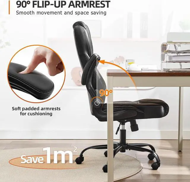 Alt view image 6 of 7 - Office Chair, Executive Leather Chair Home Office Desk Chairs, Ergonomic Computer Desk Chair with Adjustable Flip-Up Arms, Lumbar Support Swivel Task Chair with Rocking Function (Black)