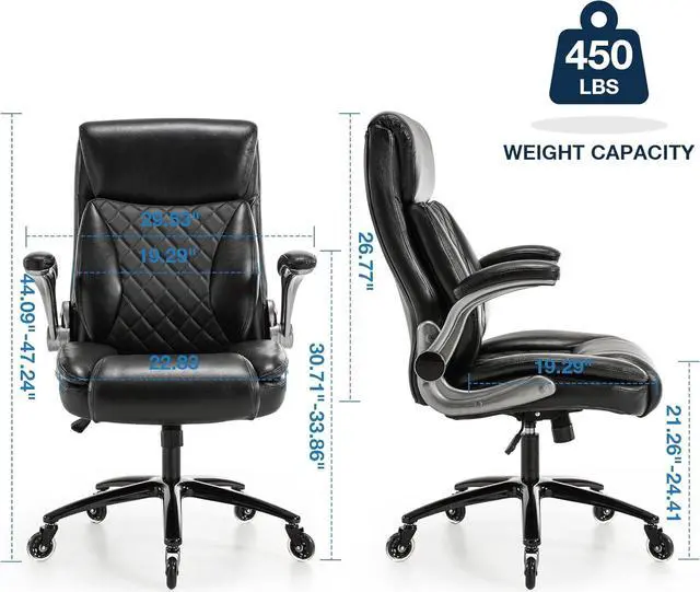 Alt view image 3 of 7 - Ergonomic Big and Tall Office Chair with 3D Lumbar Support for Back Pain Executive Desk Chair Flip-up Armrests, High Back, Thick Padded Strong Metal Base Quiet Wheels Home Office Desk Chairs