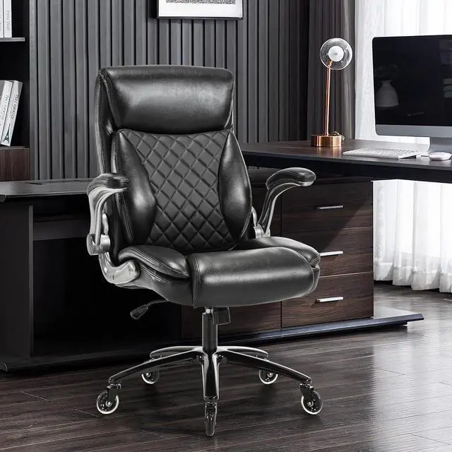 Alt view image 2 of 7 - Ergonomic Big and Tall Office Chair with 3D Lumbar Support for Back Pain Executive Desk Chair Flip-up Armrests, High Back, Thick Padded Strong Metal Base Quiet Wheels Home Office Desk Chairs