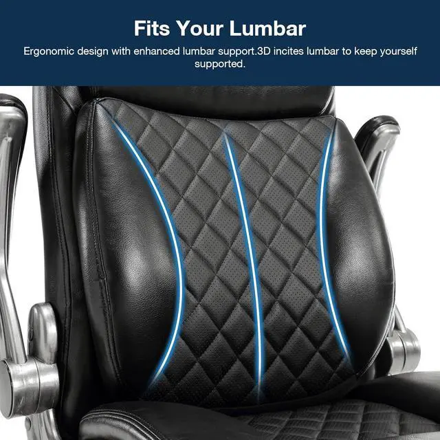 Alt view image 5 of 7 - Ergonomic Big and Tall Office Chair with 3D Lumbar Support for Back Pain Executive Desk Chair Flip-up Armrests, High Back, Thick Padded Strong Metal Base Quiet Wheels Home Office Desk Chairs